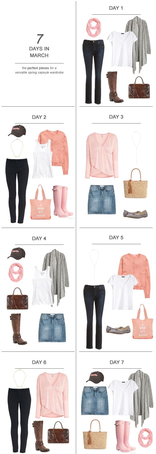 Here's some solid and affordable capsule wardrobe pieces (and a couple of investments) for a few looks perfect for a stay-at-home mom: 7 Days in March || The Perfect Pieces for a Versatile Spring Wardrobe #momoutfits #capsulewardrobe #shopping #fashion #OOTD