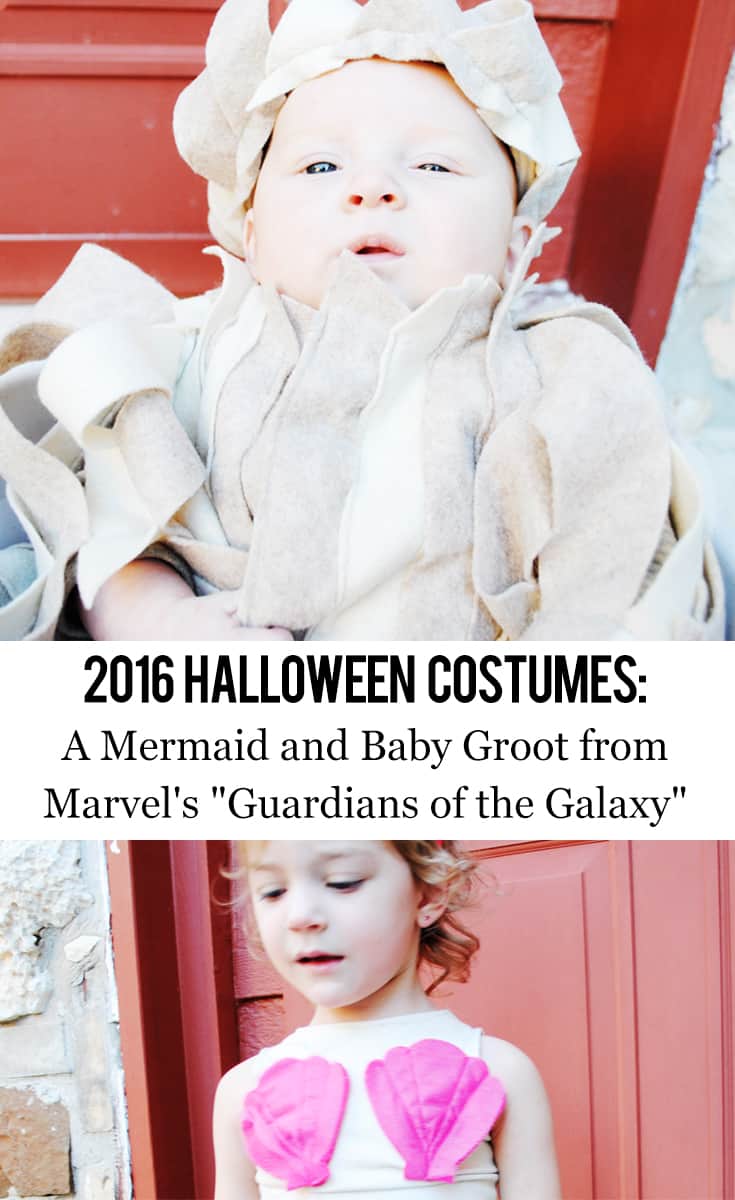 Texas Mom Blogger, Kiss My Tulle, shares Melanie and Finn's 2016 Halloween costumes: a mermaid and Baby Groot from Marvel's "Guardians of the Galaxy"!