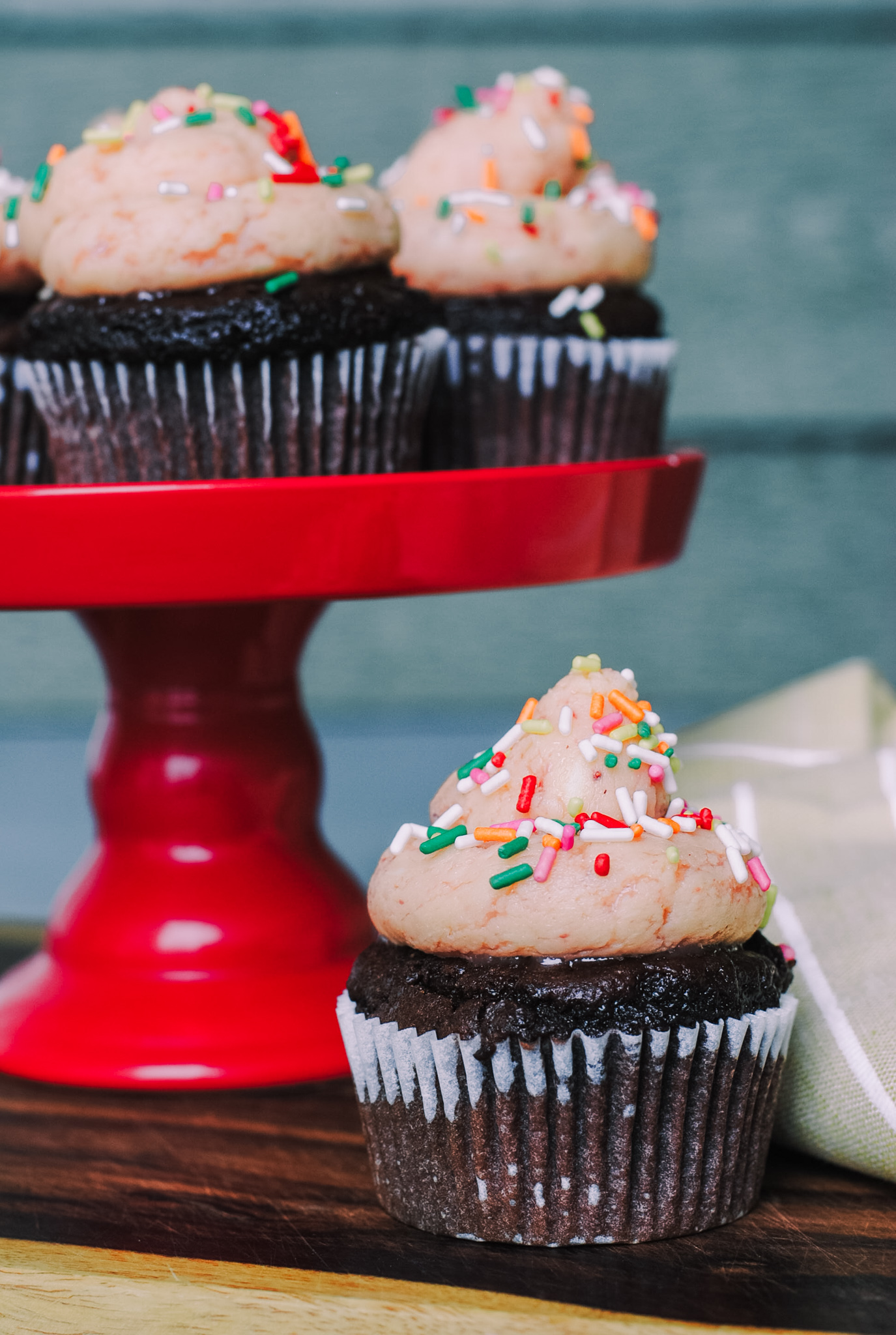Doctored Up Cake Mix Chocolate Cupcakes with Strawberry Buttercream
